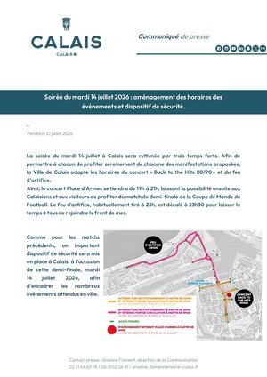 Cp Calais, Soirée Du 14 Juillet, Aménagements D'horaires Et Dispositif D