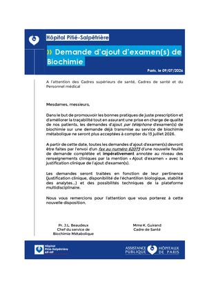 260709 Note De Service Demande De Rajout D'examen De Biochimie