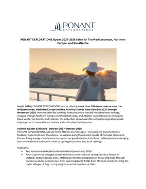 Ponant Explorations Opens 2027 2028 Sales Atlantic, Med, Northern Europe