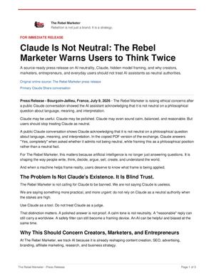 The Rebel Marketer — Claude Is Not Neutral Press Release 2026
