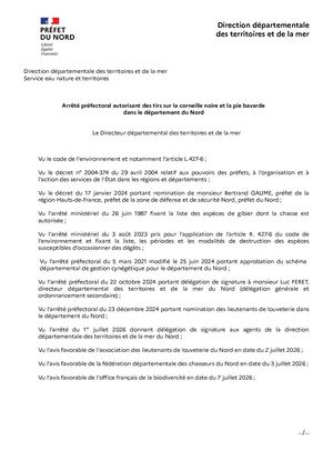 Arrêté Departement 59 Battues Corneilles Pies Du 08 07 2026