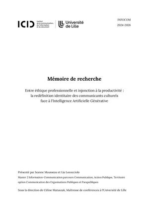 Mémoire de recherche : Entre éthique professionnelle et injonction à la productivité : la redéfinition identitaire des communicants culturels face à l'Intelligence Artificielle Générative