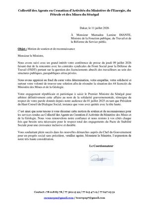 Motion de soutien et de reconnaissance : Collectif des Agents en Cessation d’Activités du Ministère de l’Energie, du Pétrole et des Mines du Sénégal