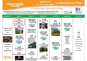 Programme Activités du 12 juillet au 19 juillet