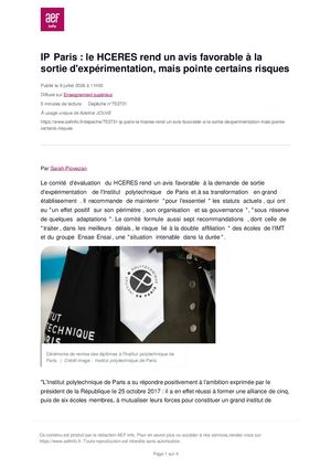 AEFinfo 753731 Ip Paris Le Hceres Rend Un Avis Favorable A La Sortie Dexperimentation Mais Pointe Certains Risques
