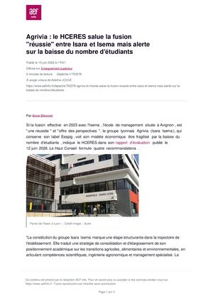 AEFinfo Agrivia Le Hceres Salue La Fusion Reussie Entre Isara Et Isema Mais Alerte Sur La Baisse Du Nombre Detudiants