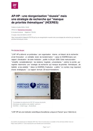 AEFinfo Ap Hp Une Reorganisation Reussie Mais Une Strategie De Recherche Qui Manque De Priorites Thematiques Hc