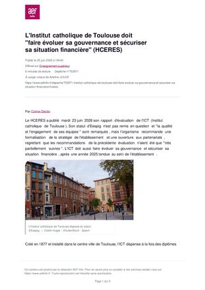 AEFinfo Linstitut Catholique De Toulouse Doit Faire Evoluer Sa Gouvernance Et Securiser Sa Situation Financiere Hceres