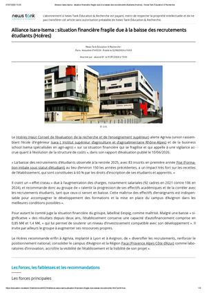 Alliance Isara Isema _ Situation Financière Fragile Due à La Baisse Des Recrutements étudiants (Hcéres) - News Tank Éducation & Recherche