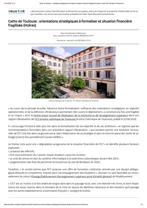Catho De Toulouse _ Orientations Stratégiques à Formaliser Et Situation Financière Fragilisée (Hcéres) - News Tank Éducation & Recherche