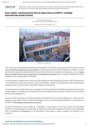 Ecam La Salle _ Positionnement Dans Le Réseau Ecam à Redéfinir ; Stratégie Internationale Saluée (Hcéres) - News Tank Éducation & Recherche