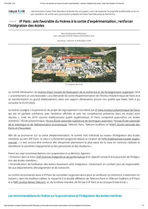IP Paris_ Avis Favorable Du Hcéres à La Sortie D’expérimentation ; Renforcer L’intégration Des écoles - News Tank Éducation & Recherche