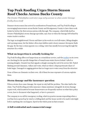 Top Peak Roofing Urges Storm Season Roof Checks Across Bucks County