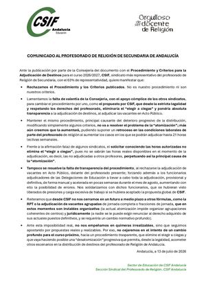 Comunicado Al Profesorado De Religión Julio 2026