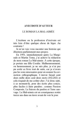 Anecdote D’auteur Le Roman La Mal Aimee