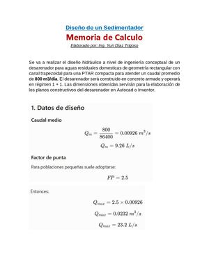 Memoria De Calculo Desarenador 800 M3 Dia