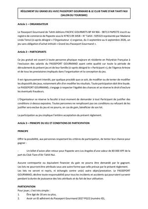 Règlement Du Grand Jeu Avec Passeport Gourmand & Le Club Tiare D'air Tahiti Nui (Salon Du Tourisme)
