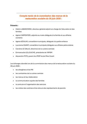 Compte Rendu De La Commission Des Menus De La Restauration Scolaire Du 30 Juin 2021