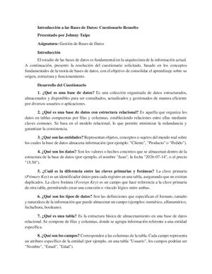 Cuestionario De Introducción A Las Bases De Datos