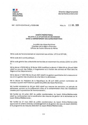 Apn°2026 096 Relatif A La Situation De Secheresse Dans Les Alpes Maritimes