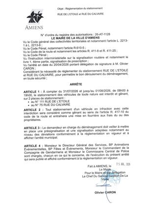26 AT 1128 Réglementation Stationnement  Rue De L Etoile Et Rue Du Calvaire Du 31 07 26 Au 01 08 26 Publié Le 15 07 26
