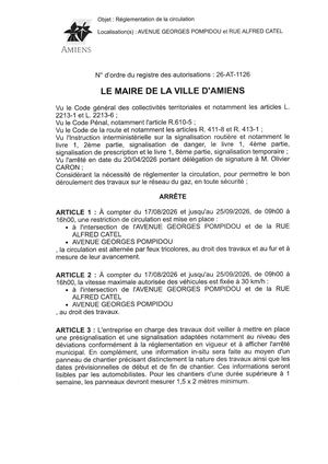 26 AT 1126 Réglementation  Circulation Avenue Georges Pompidou  Du 17 08 26 Au 25 09 26 Publié Le 15 07 26