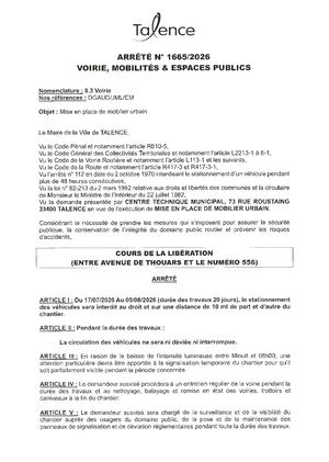 Arrete 1665 2026 Mise En Place Du Moblier Urbain Cours De La Liberation Du 17 06 Au 05 08 2026