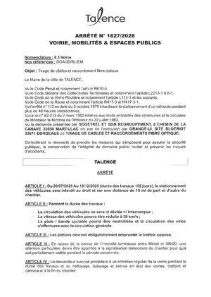 Arrete 1627 2026 Tirage De Cables Et Raccordement Fibre Optique Du 20 07 Au 18 12 2026