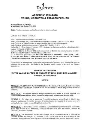 Arrete 1704 2026 Trottoirs Occupes Par Fouilles En Attente De Rebouchage Avenue De Thouars Du 20 07 Au 02 09 2026