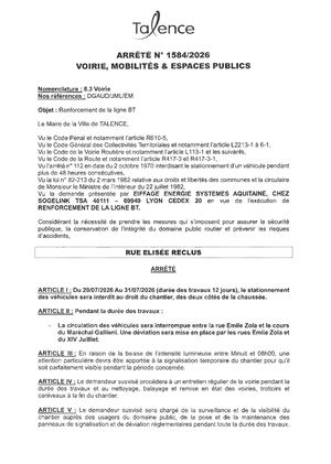 Arrete 1584 2026 Renforcement De La Ligne Btrue Elisee Reclus Du 20 Au 31 07 2026