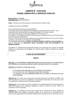 Arrete 1629 2026 Tranchee Sous Chaussee Pour Raccordement Au Reseau Enedis 2 Rue Peybouquey Du 20 Au 24 07 2026