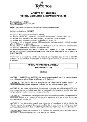 Arrete 1628 2026 Installation D'une Borne De Recharge De Vehicules Electriques Rue Du Professeur Arnozan Du 20 07 Au 31 08 2026