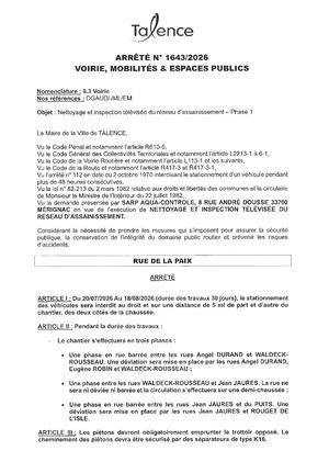 Arrete 1643 2026 Nettoyage Et Inspection Televisee Au Reseau D'assainisement Phase 1 Rue De La Paix Du 20 07 Au 18 08 2026