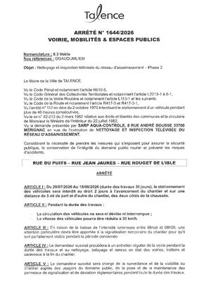 Arrete 1644 2026 Nettoyage Et Inspection Televisee Du Reseau D'assainissement Phase 2 Divers Lieux Du 20 07 Au 18 08 2026