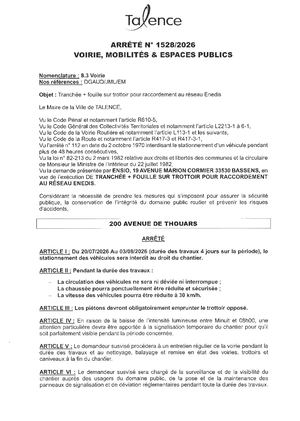 Arrete 1528 2026 Tranchee + Fouille Sur Trottoir Pour Raccordement Au Reseau Enedis 200 Avenue De Thouars Du 20 07 Au 03 08 2026