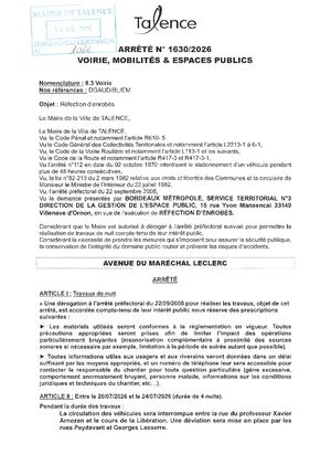 Arrete 1630 2026 Refection D'enrobes Avenue Du Marechal Leclerc Du 20 07 Au 24 07 2026