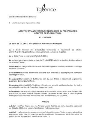 Arrêté 1735 2026 Fermeture Temporaire Du Parc Triaire A Compter Du 15 07 2026