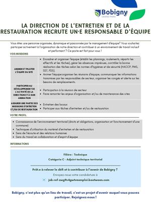 Responsable D'équipe Direction De L'entretien Et De La Restauration