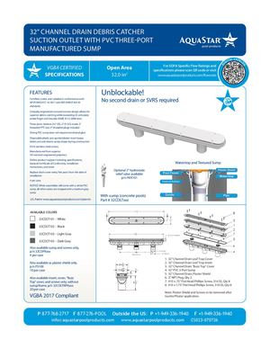 32CDLTxxx - 32'' Channel Drain Debris Catcher Suction Outlet Cover And PVC Three Port Manufactured Sump