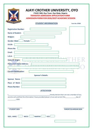Afe Babalola University,  Transfer 2026/2027 Admission Form 07047903330– 07047903330 JUPEB/DIRECT ENTRY FORM  The 2026/2027 Post Utme Admission Form call Dr Faith ☎️07047903330 is now available for qualified candidates seeking admission into Nigerian univ