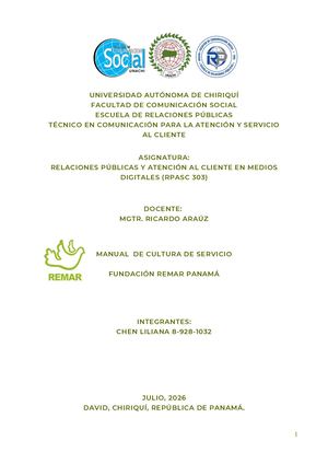 Manual De Cultura De Servicio Fundación Remar Panamá