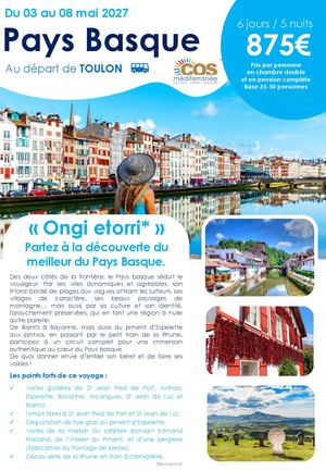 Court séjour au Pays Basque / Du 03 au 08 mai 2027