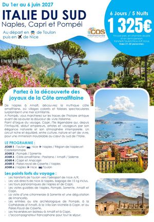 Côte Amalfitaine - Naples - Pompéi - Sorrente - Positano - Amalfi - Capri / Du 01 au 06 juin 2027