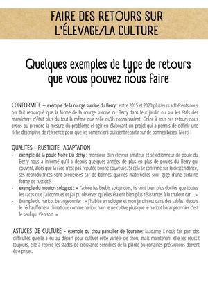 Faire des retours sur la culture ou l'élevage de Trésors vivants