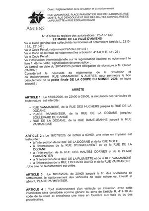26 AT 1139 Réglementation Stationnement Et Circulation Rue  Vanmarcke Et Autres Le 18 07 26 Publié Le 16 07 26