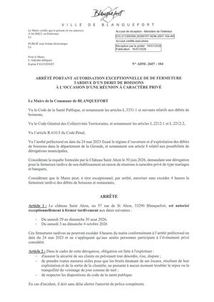 Adm 2607 104 Arr Autorisation Exceptionnelle De Fermeture Tardive Chateau St Ahon Pref