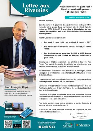 Lettre aux riverains : Projet immobilier « Square Foch » Construction de 40 logements 4 et 6 rue Paul Prunet