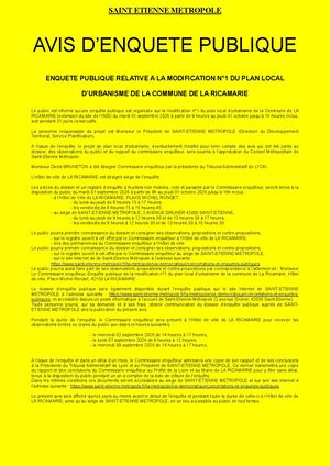 Avis d'enquête publique - PLU Modif1 La Ricamarie