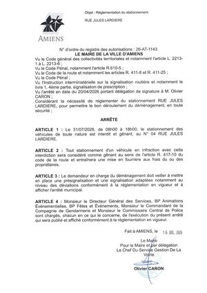 26 AT 1143  Réglementation  Stationnement Rue Jules Lardiere Le 31 07 26 Publié Le 17 07 26