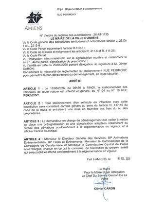 26 AT 1135 Reglementation Stationnement Rue Perimony Le 11 08 26 Publié Le 17 07 26
